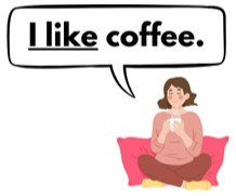 显示某人喜欢喝咖啡的图片（现在进行时简单肯定句）。