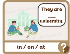 2 Students at university. Shows prepositions of place.